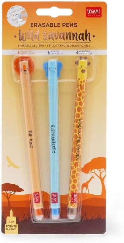 SET OF 3 ERASABLE GEL PENS - WILD SAVANNAH - LION + ELEPHANT + GIRAFFE